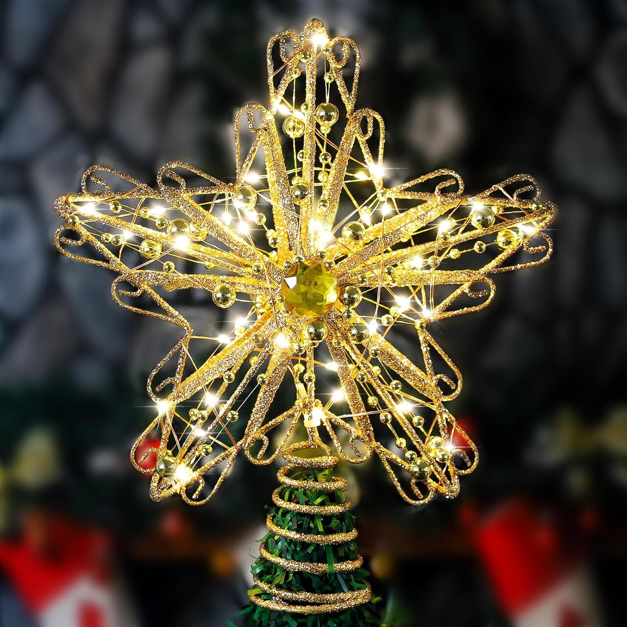 Christmas Tree Topper with Diamond, 40 LED Star Tree Topper, Glitter Metal Christmas Tree Topper Lighted, LED Ornament Tree Topper for Christmas Decorations, Home or Holiday Decor